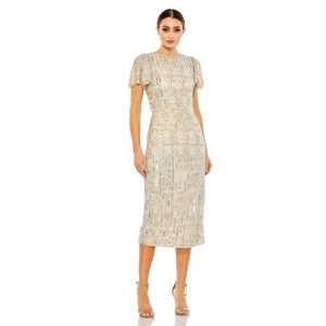 Mac Duggal 5575 Nude Silver Beaded Flutter Sleeve Formal Cocktail Dress Size 6